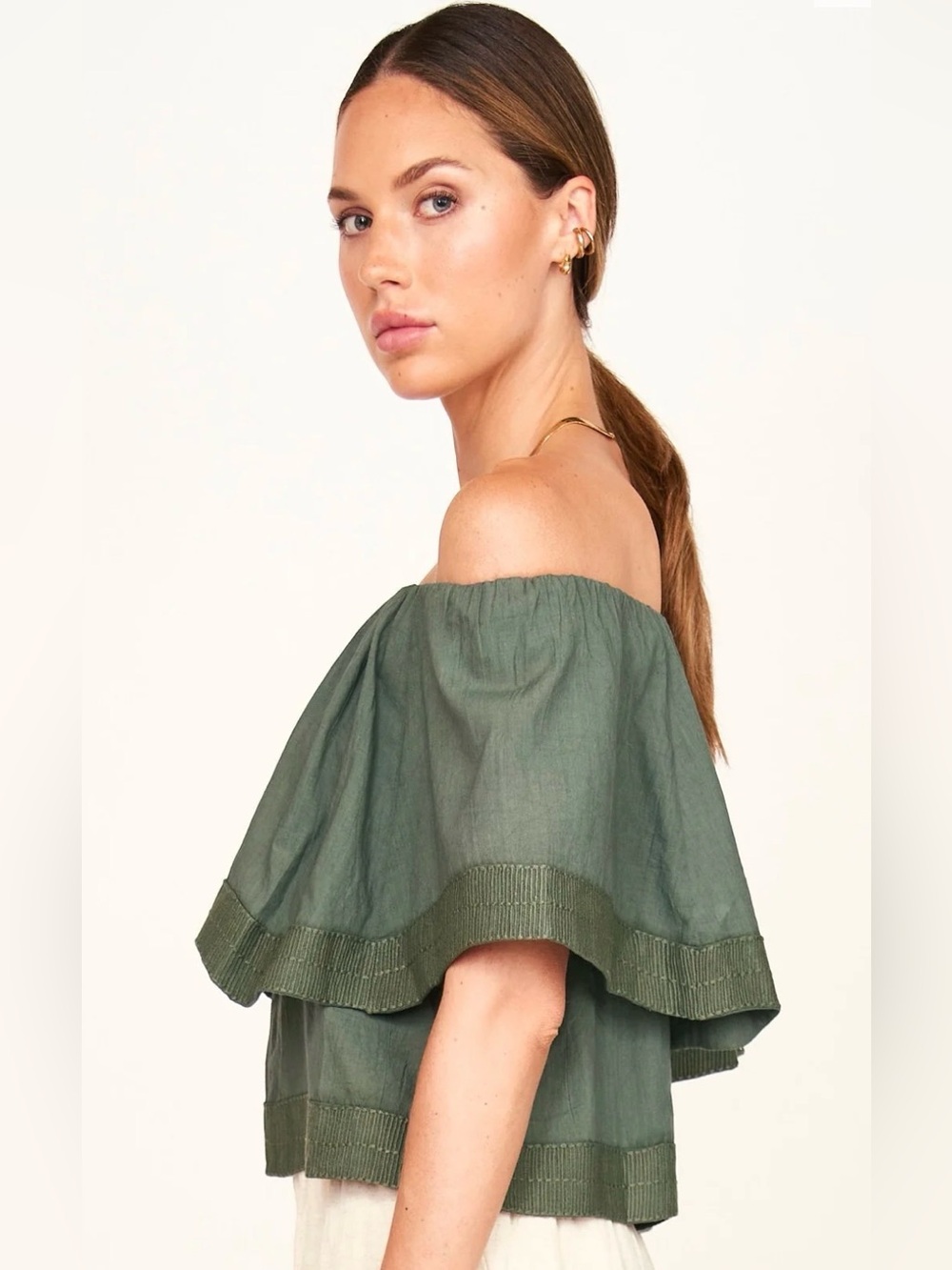 Mirth Pondicherry Tiered Off Shoulder Top in Verde Fossil